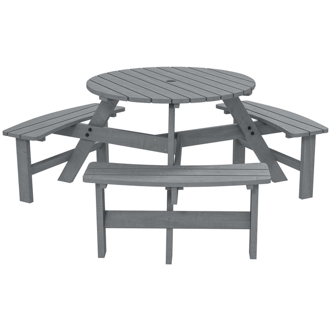 6 Seater Round Wooden Picnic Table with 3 Benches and Umbrella Hole - Grey