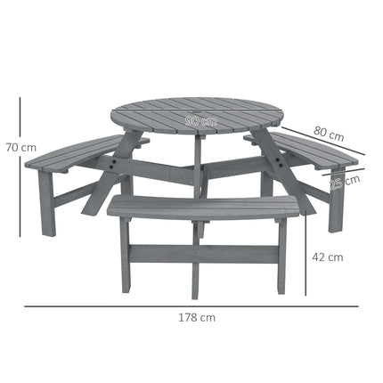 6 Seater Round Wooden Picnic Table with 3 Benches and Umbrella Hole - Grey
