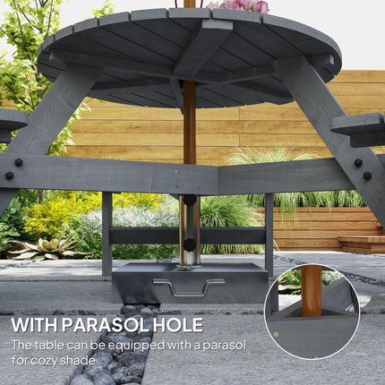 6 Seater Round Wooden Picnic Table with 3 Benches and Umbrella Hole - Grey