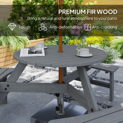 6 Seater Round Wooden Picnic Table with 3 Benches and Umbrella Hole - Grey