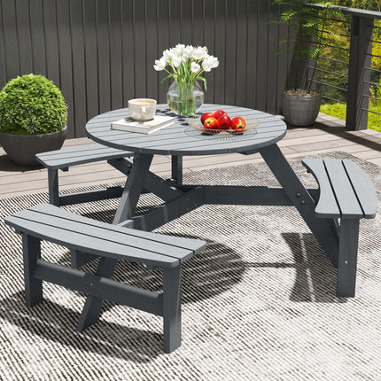 6 Seater Round Wooden Picnic Table with 3 Benches and Umbrella Hole - Grey