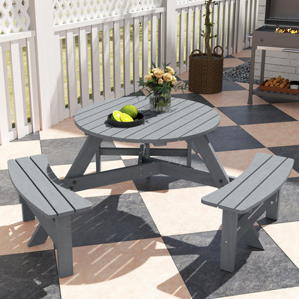 6 Seater Round Wooden Picnic Table with 3 Benches and Umbrella Hole - Grey