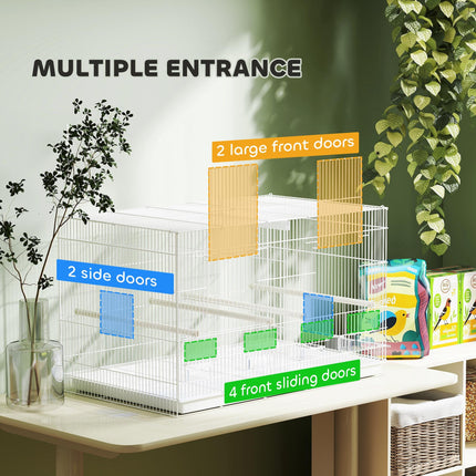 Bird Cage with Divider, 4 Wooden Perches, Slide Out Tray, 4 Feeders, for Budgie, Lovebird, Canary, 76 x 46 x 46cm, White