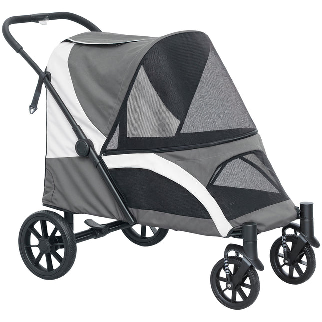 Easy Folding Large Dog Pet Stroller with Shock Absorb Frame, Safety Leashes & Brakes - Dark Grey