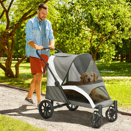 Easy Folding Large Dog Pet Stroller with Shock Absorb Frame, Safety Leashes & Brakes - Dark Grey