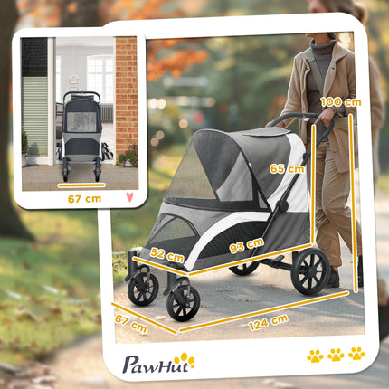 Easy Folding Large Dog Pet Stroller with Shock Absorb Frame, Safety Leashes & Brakes - Dark Grey