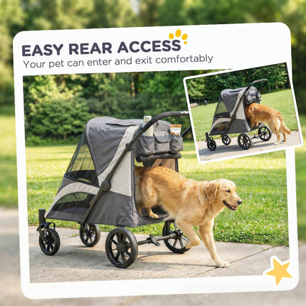 Easy Folding Large Dog Pet Stroller with Shock Absorb Frame, Safety Leashes & Brakes - Dark Grey