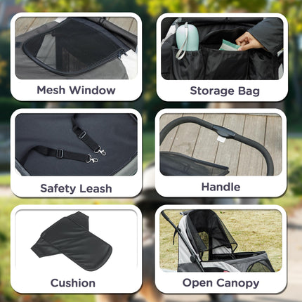 Easy Folding Large Dog Pet Stroller with Shock Absorb Frame, Safety Leashes & Brakes - Dark Grey
