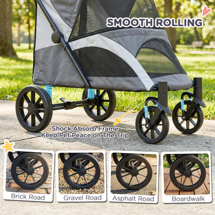 Easy Folding Large Dog Pet Stroller with Shock Absorb Frame, Safety Leashes & Brakes - Dark Grey
