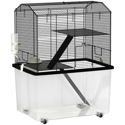 Three-Tier Gerbil and Hamster Cage with Food Dish, Water Bottle & Wheels - Black