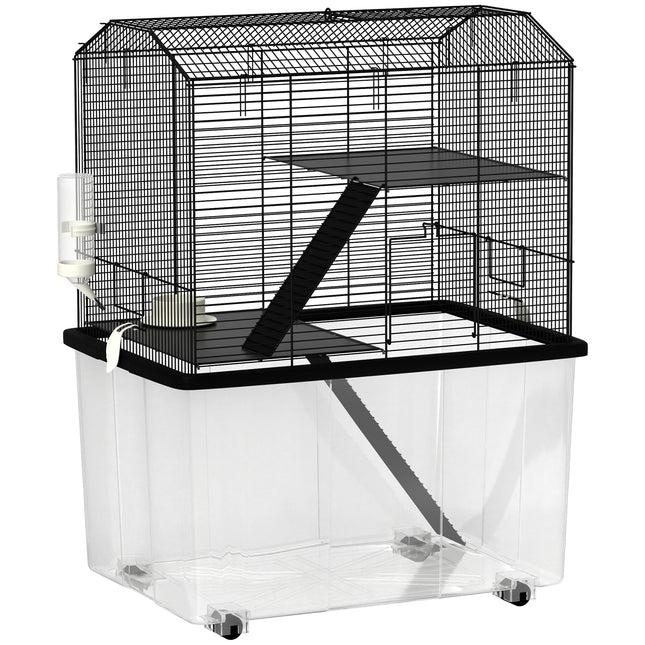 Three-Tier Gerbil and Hamster Cage with Food Dish, Water Bottle & Wheels - Black