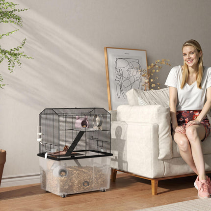 Three-Tier Gerbil and Hamster Cage with Food Dish, Water Bottle & Wheels - Black