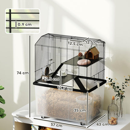 Three-Tier Gerbil and Hamster Cage with Food Dish, Water Bottle & Wheels - Black