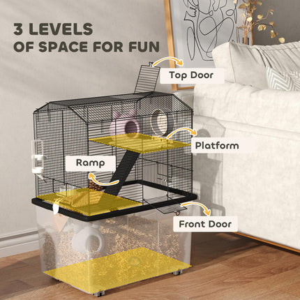 Three-Tier Gerbil and Hamster Cage with Food Dish, Water Bottle & Wheels - Black