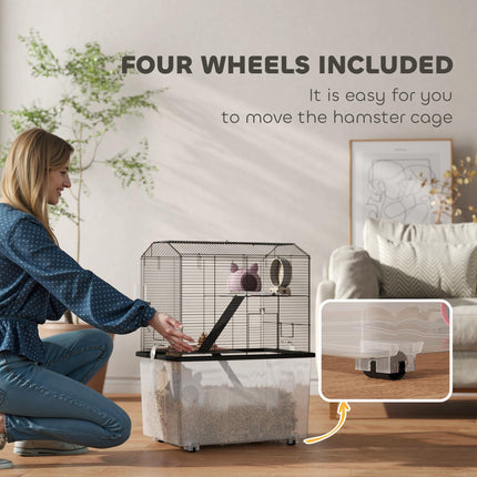 Three-Tier Gerbil and Hamster Cage with Food Dish, Water Bottle & Wheels - Black