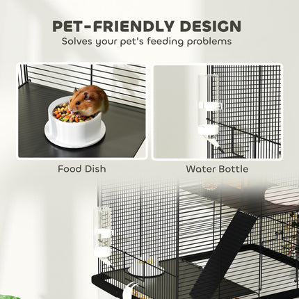 Three-Tier Gerbil and Hamster Cage with Food Dish, Water Bottle & Wheels - Black