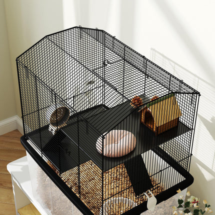 Three-Tier Gerbil and Hamster Cage with Food Dish, Water Bottle & Wheels - Black