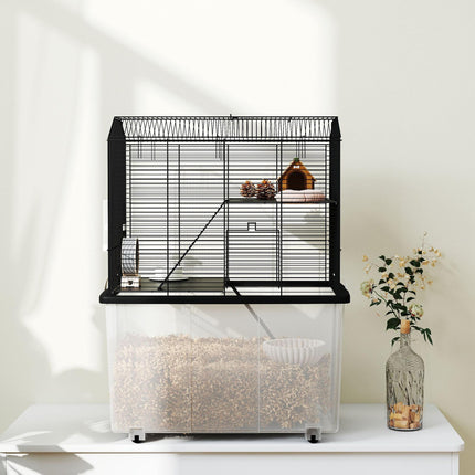 Three-Tier Gerbil and Hamster Cage with Food Dish, Water Bottle & Wheels - Black