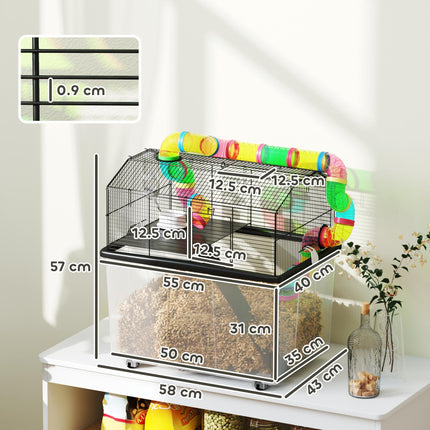 2 Tier Hamster Cage with Deep Tray, Tube System, Water Bottle & Feeding Bowl - Multicolour