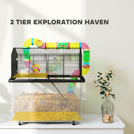 2 Tier Hamster Cage with Deep Tray, Tube System, Water Bottle & Feeding Bowl - Multicolour