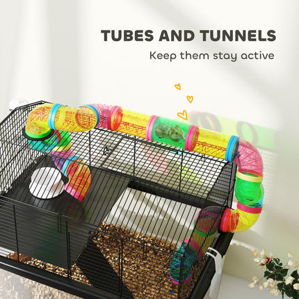 2 Tier Hamster Cage with Deep Tray, Tube System, Water Bottle & Feeding Bowl - Multicolour