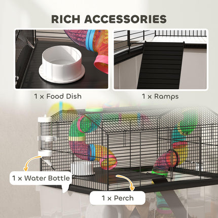 2 Tier Hamster Cage with Deep Tray, Tube System, Water Bottle & Feeding Bowl - Multicolour