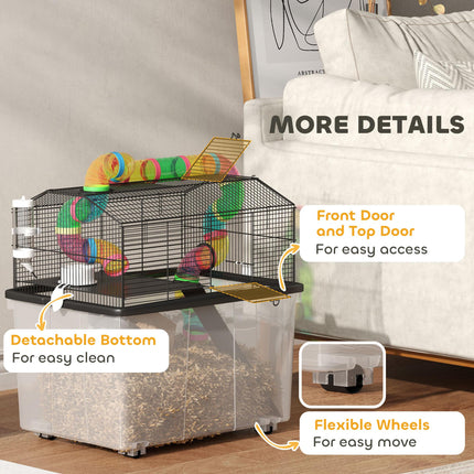 2 Tier Hamster Cage with Deep Tray, Tube System, Water Bottle & Feeding Bowl - Multicolour