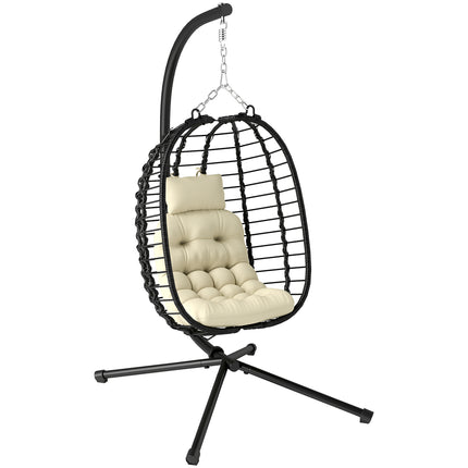 Rattan Hanging Egg Chair, Foldable Wicker Hammock Swing Chair with Cushion, Stan