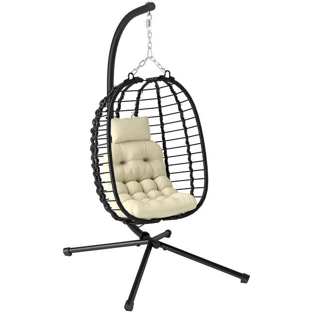 Rattan Hanging Egg Chair, Foldable Wicker Hammock Swing Chair with Cushion, Stan