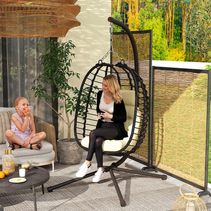 Rattan Hanging Egg Chair, Foldable Wicker Hammock Swing Chair with Cushion, Stan