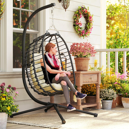 Rattan Hanging Egg Chair, Foldable Wicker Hammock Swing Chair with Cushion, Stan