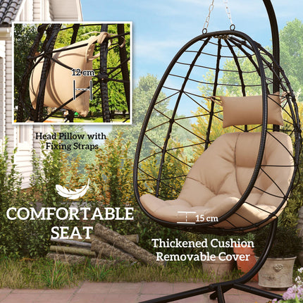 Ergonomic Hanging Egg Chair with Stand and Thick Cushion - Khaki