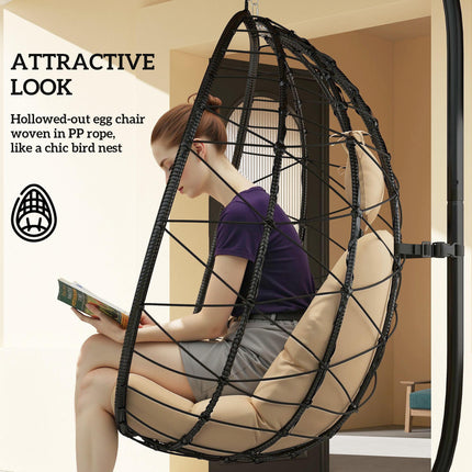 Ergonomic Hanging Egg Chair with Stand and Thick Cushion - Khaki