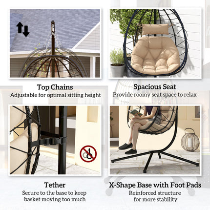 Ergonomic Hanging Egg Chair with Stand and Thick Cushion - Khaki
