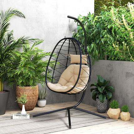 Ergonomic Hanging Egg Chair with Stand and Thick Cushion - Khaki