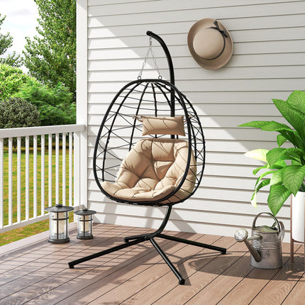 Ergonomic Hanging Egg Chair with Stand and Thick Cushion - Khaki