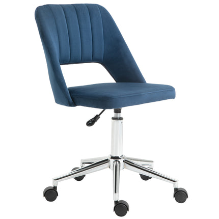Armless Velvet-Feel Office Chair with Swivel and Wheels - Dark Blue