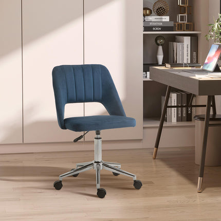 Armless Velvet-Feel Office Chair with Swivel and Wheels - Dark Blue