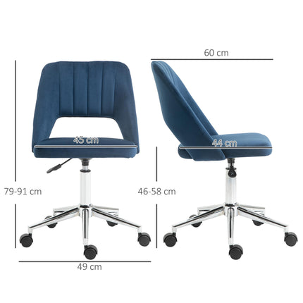Armless Velvet-Feel Office Chair with Swivel and Wheels - Dark Blue