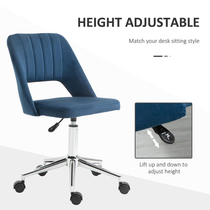 Armless Velvet-Feel Office Chair with Swivel and Wheels - Dark Blue