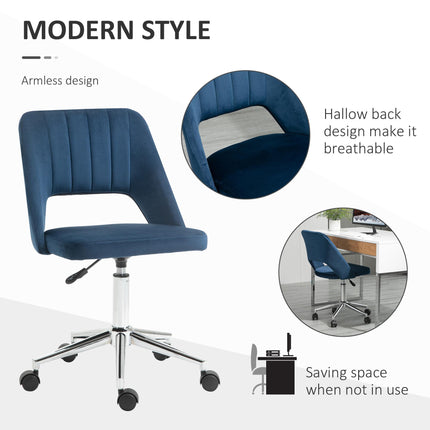 Armless Velvet-Feel Office Chair with Swivel and Wheels - Dark Blue