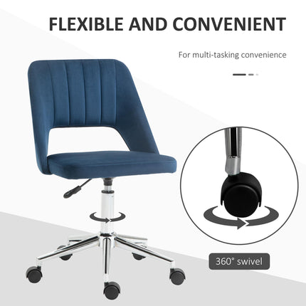 Armless Velvet-Feel Office Chair with Swivel and Wheels - Dark Blue