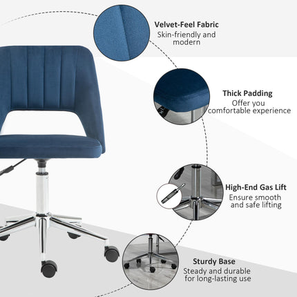 Armless Velvet-Feel Office Chair with Swivel and Wheels - Dark Blue