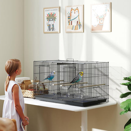 Bird Cage with Divider, 4 Perches & Feeders, Slide-Out Tray, 76x46x46cm for Budgie, Lovebird, Canary - Black