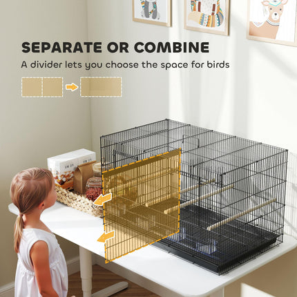 Bird Cage with Divider, 4 Perches & Feeders, Slide-Out Tray, 76x46x46cm for Budgie, Lovebird, Canary - Black