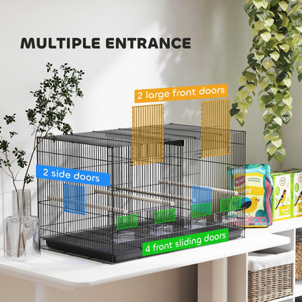Bird Cage with Divider, 4 Perches & Feeders, Slide-Out Tray, 76x46x46cm for Budgie, Lovebird, Canary - Black
