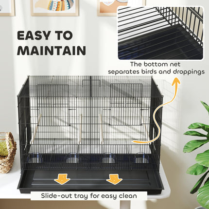 Bird Cage with Divider, 4 Perches & Feeders, Slide-Out Tray, 76x46x46cm for Budgie, Lovebird, Canary - Black