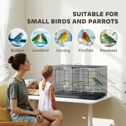 Bird Cage with Divider, 4 Perches & Feeders, Slide-Out Tray, 76x46x46cm for Budgie, Lovebird, Canary - Black
