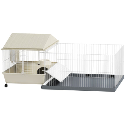Small Animal Cage with Removable Playpen, Hay Feeder & Waterproof Pad 108x71x57cm - Beige