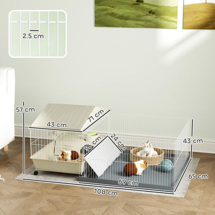 Small Animal Cage with Removable Playpen, Hay Feeder & Waterproof Pad 108x71x57cm - Beige